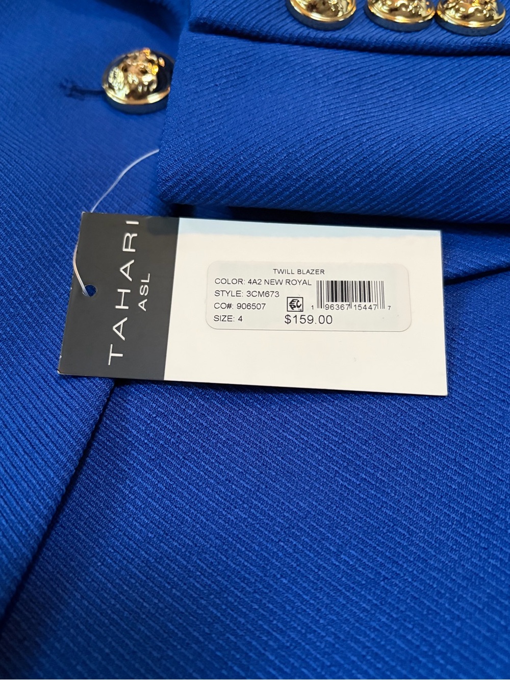 Tahari ASL Cobalt Blue Double-Breasted Blazer with Gold Buttons Size 4 - Picture 5 of 8